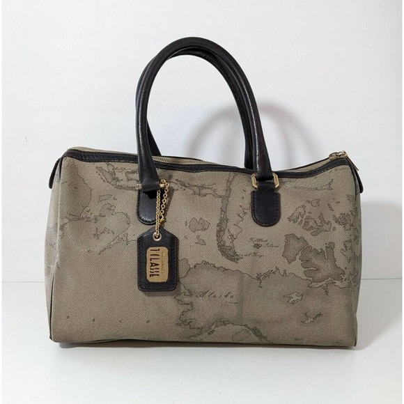 Alviero Martini 1st Classe Italy Map Print Satchel Bag Purse Boston Gray Tortora - Picture 1 of 12